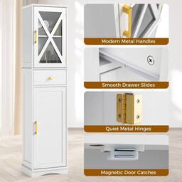 KORVIXA Narrow Freestanding Tall Bathroom Linen Tower Storage Cabinet in White - Size: W700mm x H750mm - thumbnail 5