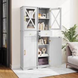 KORVIXA Narrow Freestanding Tall Bathroom Linen Tower Storage Cabinet in White - Size: W700mm x H750mm - thumbnail 3