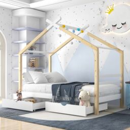 Matteo 3FT Single Bed with Storage Solid Pine Wood House Tree Canopy Bed, Toddler Bed in Natural - thumbnail 7