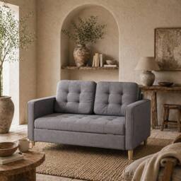 Wyld Haus Labasu 2 Seater Fabric Sofa Grey Tufted Seat with Hidden Storage
