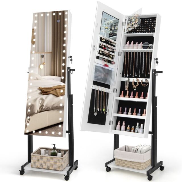 Costway Height Adjustable Jewelry Cabinet Standing Jewelry Armoire w/ 3-Color LED Mirror & Wheels in White - image 1