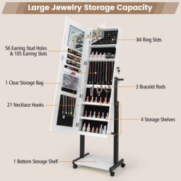 Costway Height Adjustable Jewelry Cabinet Standing Jewelry Armoire w/ 3-Color LED Mirror & Wheels in White - thumbnail 5