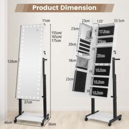 Costway Height Adjustable Jewelry Cabinet Standing Jewelry Armoire w/ 3-Color LED Mirror & Wheels in White - thumbnail 2