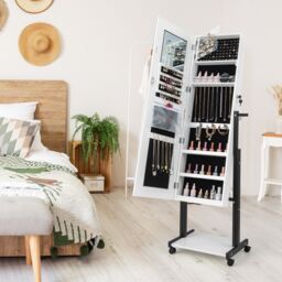 Costway Height Adjustable Jewelry Cabinet Standing Jewelry Armoire w/ 3-Color LED Mirror & Wheels in White - thumbnail 4