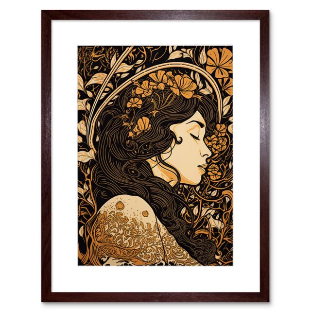 "Artery8 Wall Art Print Sleeping Beauty Modern Art Nouveau Artwork Framed 9X7 Inch in Brown - Size: W7"" x H9""" - image 1