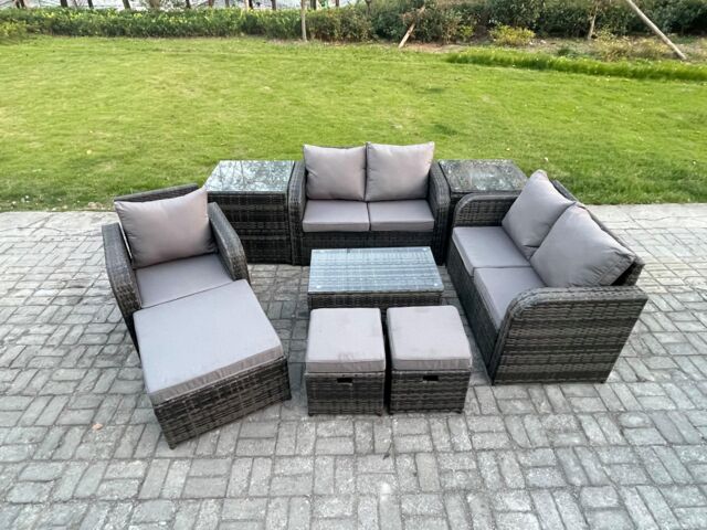Fimous 8 Seater High Back Rattan Garden Furniture Set with Loveseat Sofa Coffee Table 3 Footstools 2 Side Tables Indoor Outdoor Patio Lounge Sofa Set - image 1