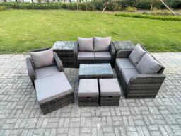 Fimous 8 Seater High Back Rattan Garden Furniture Set with Loveseat Sofa Coffee Table 3 Footstools 2 Side Tables Indoor Outdoor Patio Lounge Sofa Set - thumbnail 1
