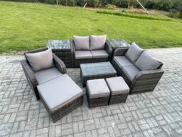 Fimous 8 Seater High Back Rattan Garden Furniture Set with Loveseat Sofa Coffee Table 3 Footstools 2 Side Tables Indoor Outdoor Patio Lounge Sofa Set - thumbnail 2