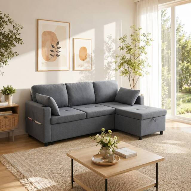 Merax 3-Seater L-Shaped Convertible Pull-Out Corner Sofa Bed with Storage in Grey - image 1