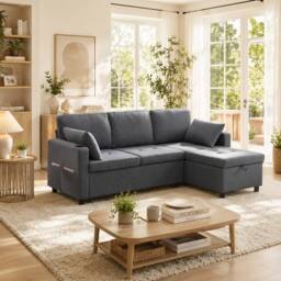 Merax 3-Seater L-Shaped Convertible Pull-Out Corner Sofa Bed with Storage in Grey - thumbnail 3