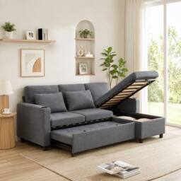 Merax 3-Seater L-Shaped Convertible Pull-Out Corner Sofa Bed with Storage in Grey - thumbnail 4