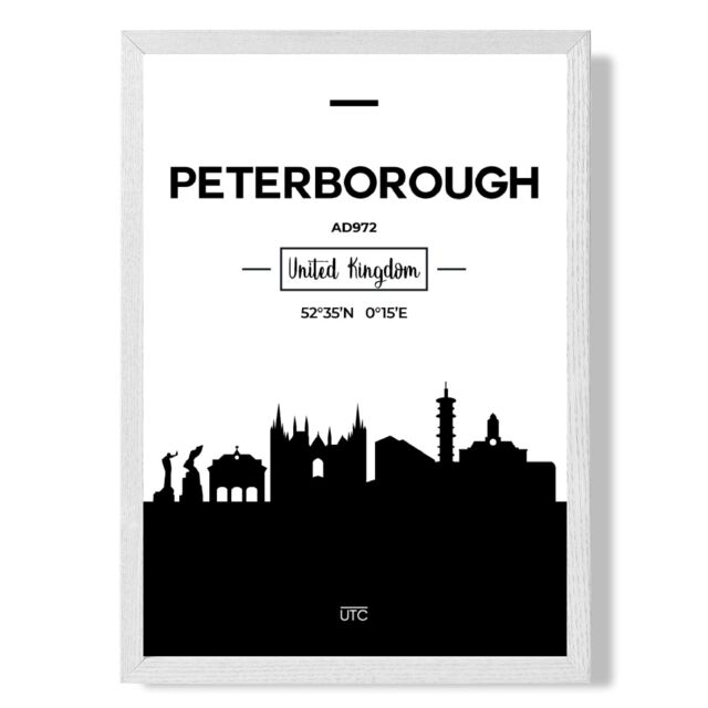 ARTZE Peterborough Black & White City Skyline Framed Print SIZE: A2 with White Frame - Size: A4 - image 1