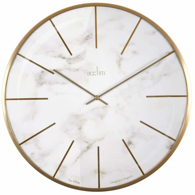 Acctim Luxe Wall Clock Quartz Brushed Metal Embossed Golden Batons Brass Hands Marble Effect 40cm in Off-White - image 1
