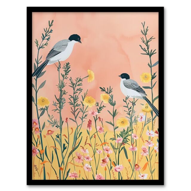 "Artery8 Two Chickadee Birds in Pastel Wildflower Field Framed Wall Art in Pale Pink - Size: W12"" x H16""" - image 1