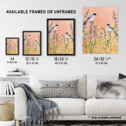 "Artery8 Two Chickadee Birds in Pastel Wildflower Field Framed Wall Art in Pale Pink - Size: W12"" x H16""" - thumbnail 3