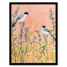 "Artery8 Two Chickadee Birds in Pastel Wildflower Field Framed Wall Art in Pale Pink - Size: W12"" x H16""" - thumbnail 1