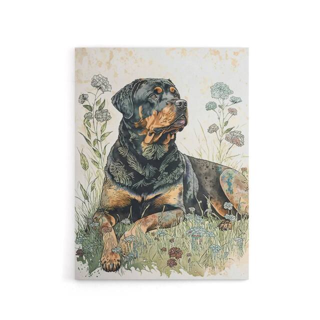 "Artery8 Rottweiler Dog Laying In Wildflowers Canvas Wall Art Print - Size: W24"" x H32""" - image 1