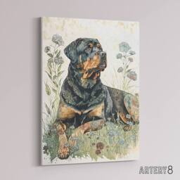 "Artery8 Rottweiler Dog Laying In Wildflowers Canvas Wall Art Print - Size: W24"" x H32""" - thumbnail 2