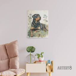 "Artery8 Rottweiler Dog Laying In Wildflowers Canvas Wall Art Print - Size: W24"" x H32""" - thumbnail 3