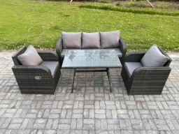 Fimous Rattan Wicker Garden Furniture Patio Conservatory Sofa Set with Rectangular Dining Table Reclining Chair in Dark Grey - thumbnail 1