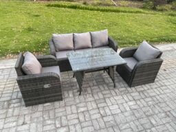 Fimous Rattan Wicker Garden Furniture Patio Conservatory Sofa Set with Rectangular Dining Table Reclining Chair in Dark Grey - thumbnail 2