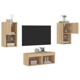 Berkfield Home 4 Piece TV Wall Cabinets with LED Lights Sonoma Oak in Brown - thumbnail 5