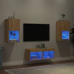 Berkfield Home 4 Piece TV Wall Cabinets with LED Lights Sonoma Oak in Brown - thumbnail 2