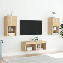 Berkfield Home 4 Piece TV Wall Cabinets with LED Lights Sonoma Oak in Brown - thumbnail 4