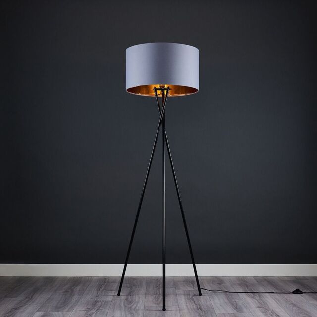 ValueLights Camden Black Metal Tripod Floor Lamp with Grey & Gold Lamp Shade - image 1