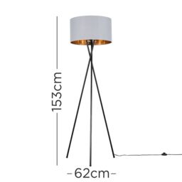ValueLights Camden Black Metal Tripod Floor Lamp with Grey & Gold Lamp Shade - thumbnail 7