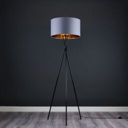 ValueLights Camden Black Metal Tripod Floor Lamp with Grey & Gold Lamp Shade - thumbnail 5