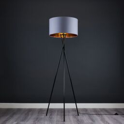 ValueLights Camden Black Metal Tripod Floor Lamp with Grey & Gold Lamp Shade - thumbnail 3