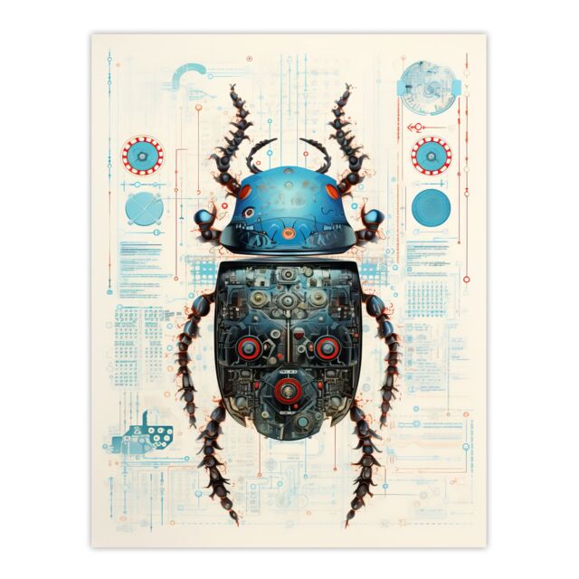 Artery8 Wall Art Print Beetle Robot Hybrid Secret Military Schematic Blue Futuristic Complex Arcane Manuscript Gift For Him Man Cave Poster - image 1