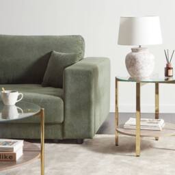 Wyld and Coco Round Gold Side Table with Tempered Glass Top and Wood Shelf 50 cm - thumbnail 1