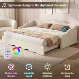 Rolipo Beige Velvet Extendable Daybed 90-180cm with LED & USB Ports - Size: Double - thumbnail 5