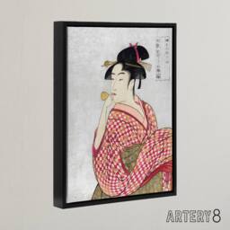 "Artery8 Woman With Glass Pipe Portrait Framed Canvas Wall Art Print Kitagawa in Pink - Size: W12"" x H16""" - thumbnail 2