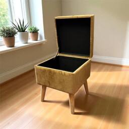 Havendro Mustard Yellow Velvet Ottoman Square Lift-Up Gold Storage - thumbnail 2