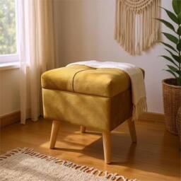 Havendro Mustard Yellow Velvet Ottoman Square Lift-Up Gold Storage - thumbnail 3