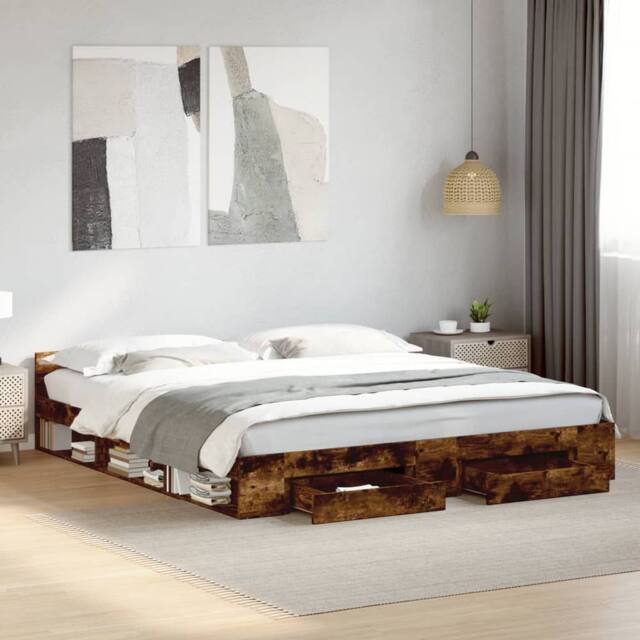 Berkfield Home Bed Frame with Drawers without Mattress Smoked Oak 200x200 cm in Brown - image 1