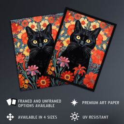 "Artery8 Stylish Black Cat On Red Flowers Floral Design Illustration Lucky Witch Extra Large XL Unframed Wall Art Poster Print - Size: W24"" x H32""" - thumbnail 2