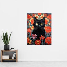 "Artery8 Stylish Black Cat On Red Flowers Floral Design Illustration Lucky Witch Extra Large XL Unframed Wall Art Poster Print - Size: W24"" x H32""" - thumbnail 4
