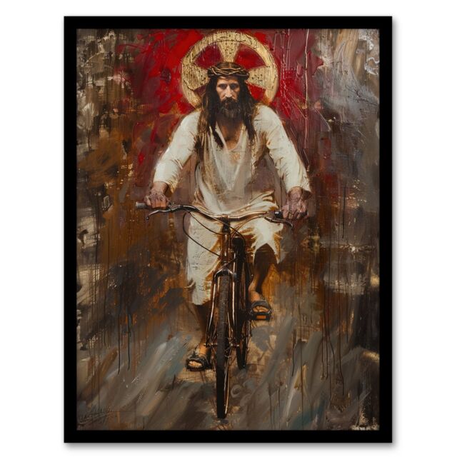 "Artery8 Christ on a Bike Funny Oil Painting Framed Art Print in Brown - Size: W12"" x H16""" - image 1