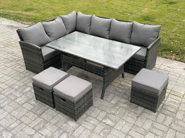 Fimous Outdoor Rattan Garden Furniture Corner Sofa Set with Rectangular Dining Table 3 Small Footstools Patio Wicker Rattan Set in Dark Grey - image 1