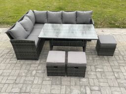 Fimous Outdoor Rattan Garden Furniture Corner Sofa Set with Rectangular Dining Table 3 Small Footstools Patio Wicker Rattan Set in Dark Grey - thumbnail 2