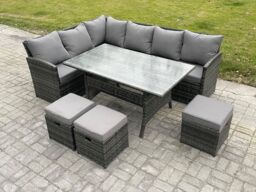 Fimous Outdoor Rattan Garden Furniture Corner Sofa Set with Rectangular Dining Table 3 Small Footstools Patio Wicker Rattan Set in Dark Grey - thumbnail 1