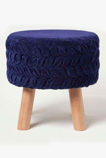 Homescapes Lyla Pleated Velvet Footstool in Blue - image 1