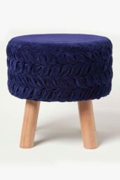 Homescapes Lyla Pleated Velvet Footstool in Blue - thumbnail 1