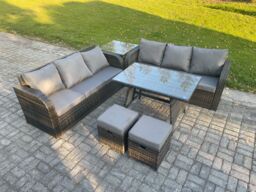 Fimous Garden Furniture Sofa Set Rectangular Dining Table 2 Small Footstool Side Table Indoor Outdoor 8 Seater Rattan Set in Dark Grey - thumbnail 2