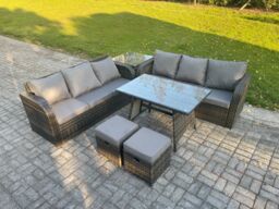 Fimous Garden Furniture Sofa Set Rectangular Dining Table 2 Small Footstool Side Table Indoor Outdoor 8 Seater Rattan Set in Dark Grey - thumbnail 1
