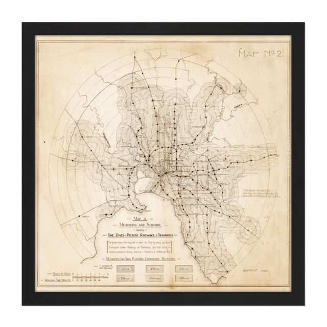 "Artery8 Wall Art Print Map Transport Mmtb 1922 Melbourne Trams Trains Replica Square Framed Picture 16X16 Inch in Black - Size: W16"" x H16""" - image 1